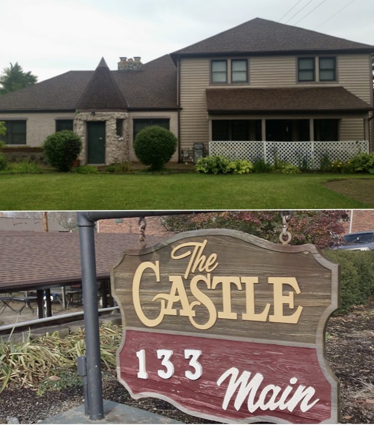 Sign and photo of The Castle in Centerville, Ohio.